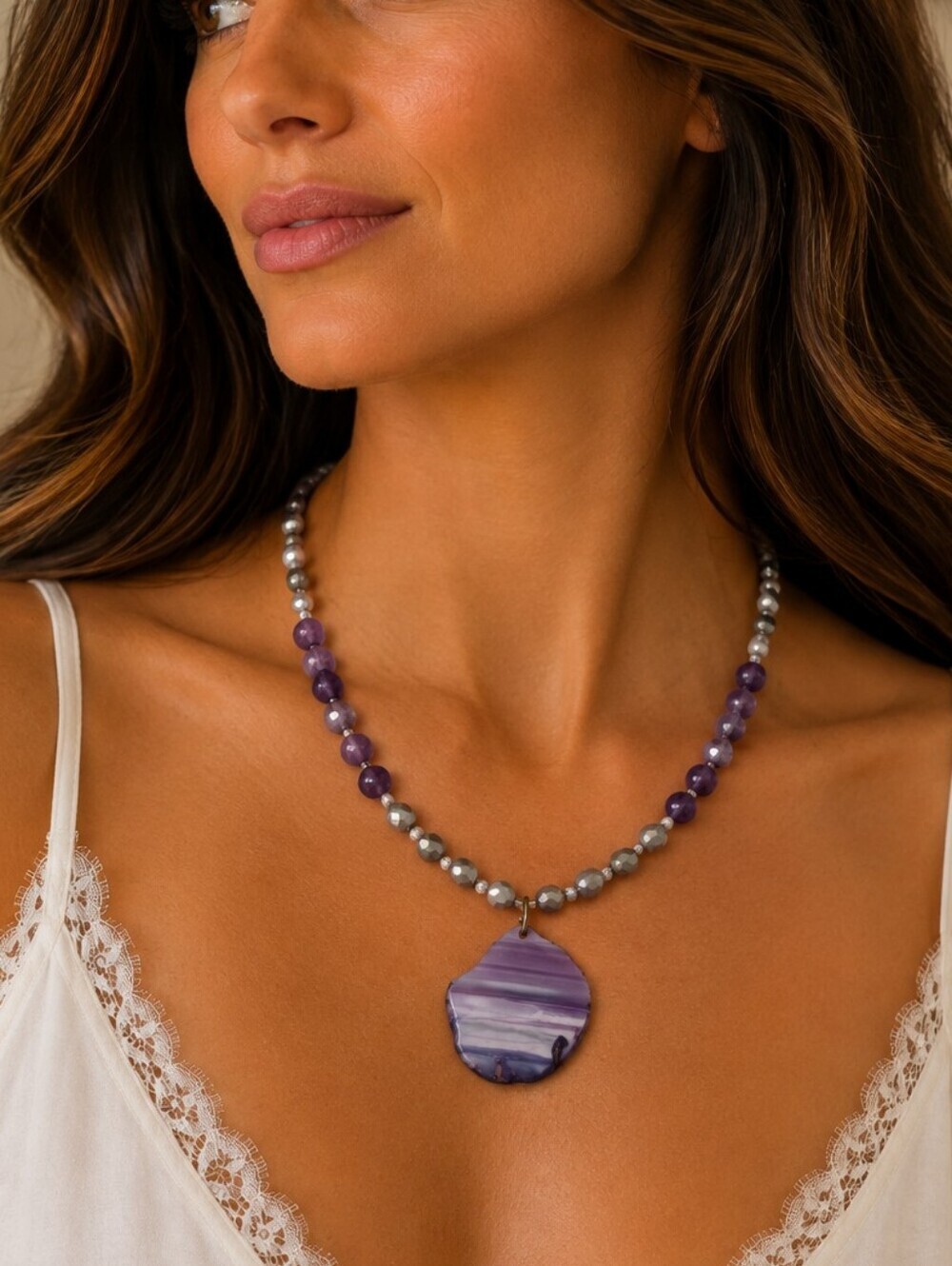 HANDMADE Agate Slice Pendant Amethyst Czech Glass Beaded Princess Necklace